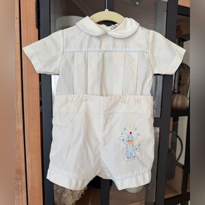 Vintage Petit Ami clown embroidered pintuck bobby suit pique shortall baby boy